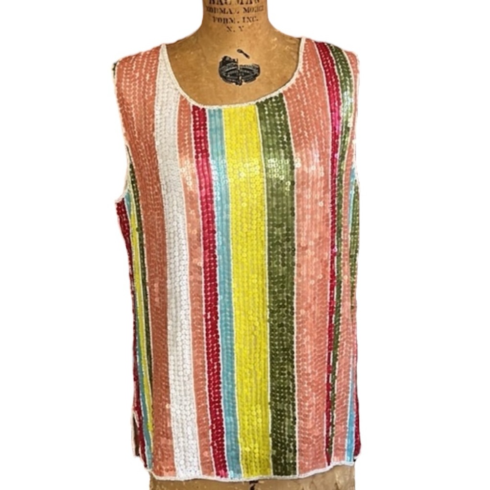 Lew Magram Sequin Vintage Lined Sleeveless Stripe Top Size 14 EUC